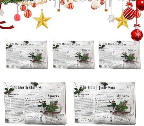 Zeitungs-Geschenkpapier – Zeitungs-Weihnachts-Geschenkpapier | 5 Blatt Santa Craft Zeitungspapier-Geschenkpapier, 32 x 40 Zoll Retro-Zeitungspapier-Geschenkpapier, kreatives Vintage-Weihnachtspapier