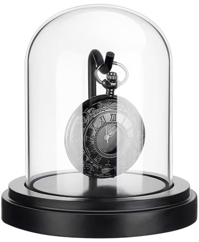 PH PandaHall 4.5x4.3 inch Pocket Watch Display Case Watch Glass Display Dome Cloche, Black Dome Cloche Wooden Base with Metal Hook for Pocket Watch Medals Collectibles Photos Ornaments