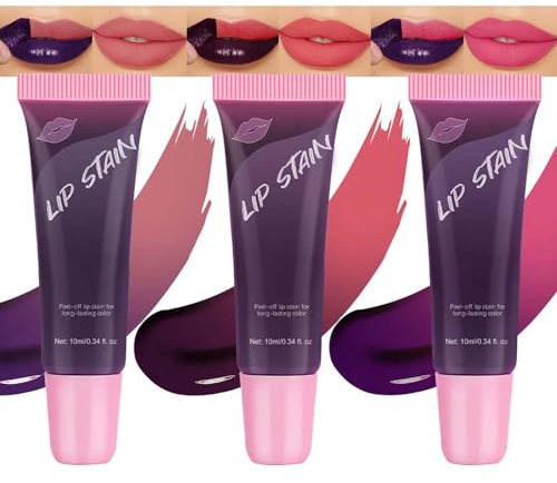 3PCS Peel Off Lipgloss Set, Rosa Tattoo Magic Matt Abziehbar Lip Tint, Non-Stick-Cup & Non-Transferred Peeling Lip Stain, Wasserfest & Langlebig Lip Gloss Set, Hochpigmentiert Flüssig Lippenstift Set