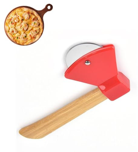Cortador de pizza en forma de hacha, cuchillo basculante de acero inoxidable con mango de bambú, herramienta de cocina para hornear, rueda de pizza creativa, herramienta de corte de masa