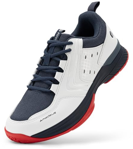 FitVille Tennis Shoes for Men Wide Mens Pickleball Shoes Breathable Court Shoes Racquetball Badminton Athletic Sneakers for All Courts | Arch Support | Energy Return (10 Medium, White & Navy Blue)