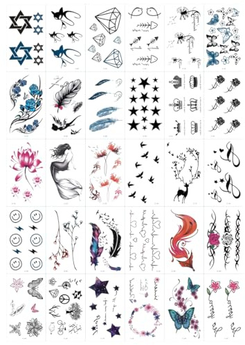 RTRTGS 30 fogli Tatuaggi Temporanei Donna, Nero Tatuaggi Finti, Set di Tattoo Temporanei Impermeabili per Bambini, Adulti, Uomo e Donne, Tatuaggi Finti Uomo, Tatoo