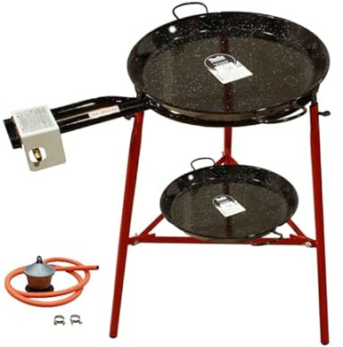 FERRETERIA LEPANTO Kit Paellero, Kit Paellero, Quemador a Gas butano, paellera acero pulido, regulador de Gas + 1,5 metros de Manguera, soporte de 3 Patas reforzadas (Esmaltado, 50 CM)