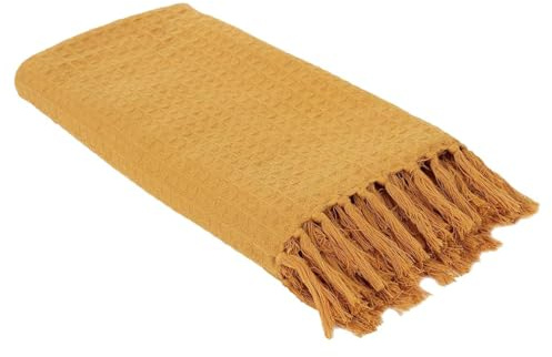 Plaid Jeté de Canapé Gaufré 130x160cm 100% Coton Ocre avec Franges - CUSHY