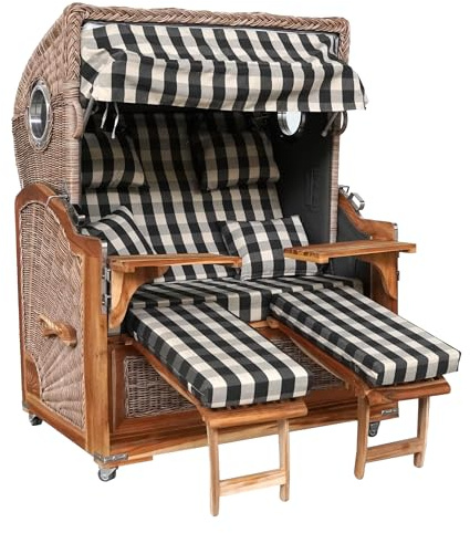 Webavita Strandkorb Bali Teakholz | 2,5-Sitzer | Montiert | Geflecht Grau | Bezug Grau Kariert | Halblieger | Beach Chair für den Garten Terrasse Balkon