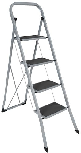 Home Vida 4 Step Ladder - Heavy Duty Steel Folding Ladder with Slip-Resistant and Wide Steps, Folding Mechanism, 150kg Max Load, Home/Kitchen/DIY/Garden Use, Grey