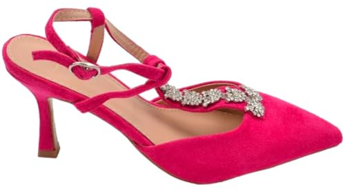 Scarpe Decollete Donna Punta Slingback in Raso Fucsia Applicazione di Strass Tacco a Spillo Basso 6cm Chiusura Caviglia (37 EU)
