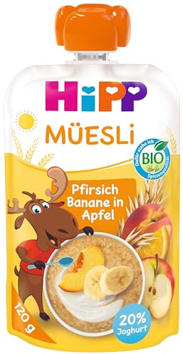 HiPP Müesli Pfirsich Banane in Apfel mit Joghurt, Quetschie ab 1 Jahr, (6 x 120g)