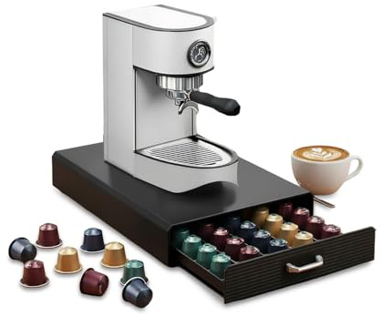 Wintem Kaffekapselhållare i svart med utdragbar låda, 5 rymliga fack för 50 kapslar Ø38 mm, platsbesparande design för kök eller kontor, lätt att rengöra och redo att användas