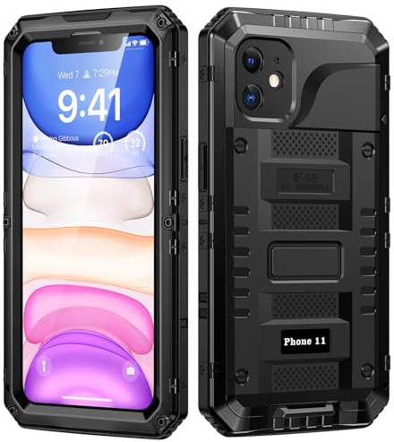 Lanhiem Cover per iPhone 11, IP68 Impermeabile, Metallo Armor, Nero | 360° Completa Waterproof Case con Protezione Schermo, Militare Antiurto Subacquea Antipolvere Custodia per iPhone 11