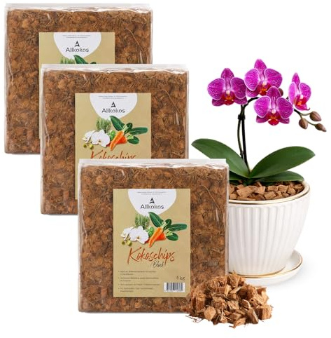 Allkokos 3x5kg hochwertige Kokoschips für Pflanzen & Blumen | 5kg Block als Orchideenerde & Kokossubstrat aus Kokosfaser für tropische Pflanzen – luftdurchlässig und torffrei