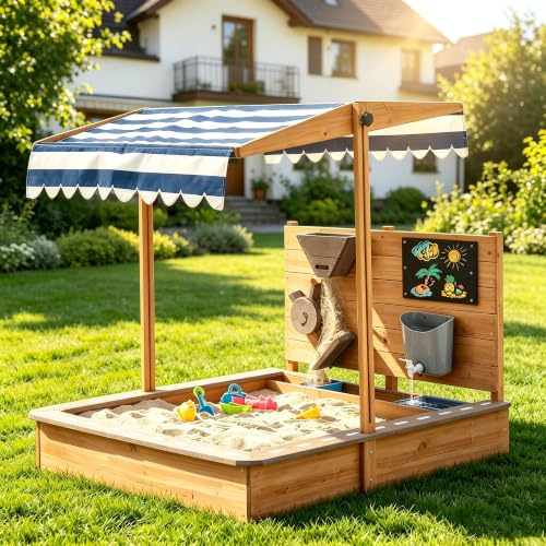 Wumagin Bac à Sable en Bois pour Enfants, Bac à Sable avec Couvercle Toit Réglable en Hauteur pour Enfants pour Jardin, Maison, Plage