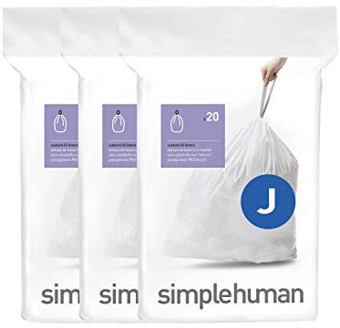 simplehuman CW0259 code J Custom Fit Bin Liner Bulk Pack, White Plastic (3 Pack of 20, Total 60 Liners)