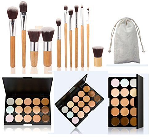 Pure Vie 15 Colors Hydrating & Long-Lasting Cream Contour Palette Color Corrector Cream Concealers For Camouflaging Discoloration Dullness + 11 Pcs Foundation Blush Powder Eye Shadows Makeup Brushs