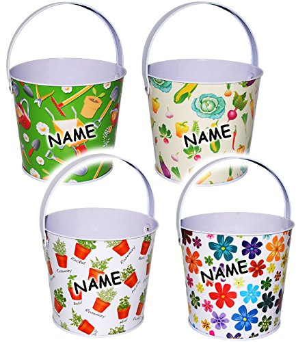 alles-meine.de GmbH 1 Stück Metalleimer - Bunte Garten & Blumenmotive - incl. Name - Mini - Metall Eimer - Sandeimer/Kräuter/Gemüse/Blumen - großer - bunt Mädchen und..