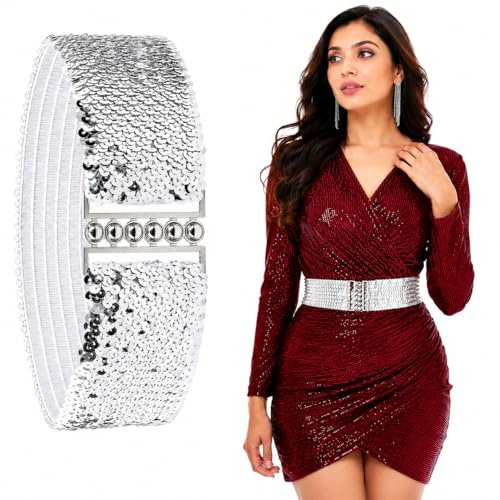 Trimming Shop Womens Silver Waist Belt Glitter Sequin Adjustable 70mm Wide