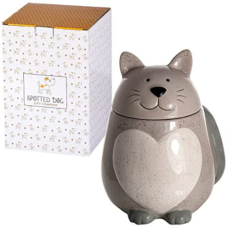 SPOTTED DOG GIFT COMPANY Tarro de galletas grande de cerámica con tapa, barril de galletas (gris) - Regalos temáticos de gatos para amantes de los animales, mujeres y hombres