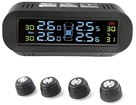 KUNDINE HUB Smart Voiture TPMS Système de Surveillance de la Pression des pneus à énergie Solaire avec écran LCD numérique TPMS Système d'alarme de sécurité Automatique avec 4 capteurs