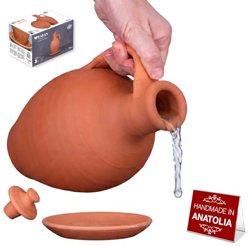 Hakan Anadolu Wasserkrug-Set aus natürlichem Ton | Unglasierte Terrakotta-Wasserkaraffe & Teller | Traditioneller kleiner Schlammkrug | Töpferkrug für Trinkwasser (Klein – 1,5 l)