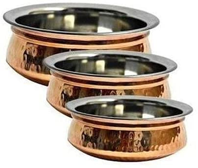 OSNICA Premium Hammered Copper & Stainlees Steel Serving Karahi Vegetable Dinner Bowl with Solid Brass Handle for for Cereal, Soup, Tureens 4 Pcs Set (13cm, 15cm, 18cm,20cm) (Handi)