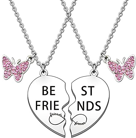 HULALA Best Friend Necklaces For 2 Girls BFF Best Friends Gifts Friendship Puzzle Heart Necklace Set Charm Pink Rhinestone Butterfly Pendant Necklace Jewellery