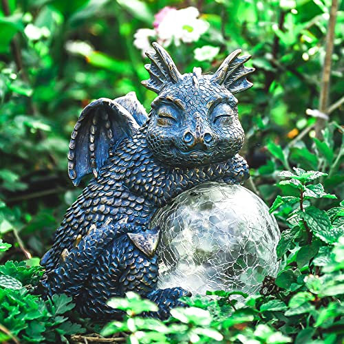 Wonder Garden Statues Dragon Decor – Statue de dragon endormi pour extérieur étanche Lanterne solaire Dragon Ball Éclairage automatique Décoration de jardin