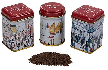 New English Teas The Lowry Mini Tea Tin Set of 3 with Loose-Leaf Black English Tea, Red
