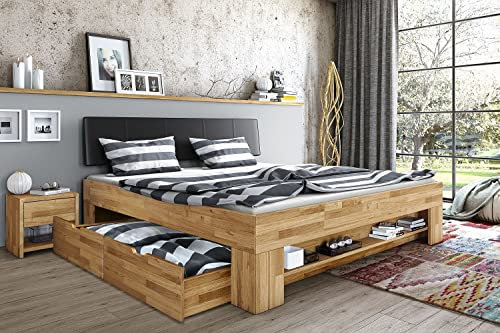 Möbel-Store24 Bett Futonbett Wildeiche massiv Holz geölt Kopteil gepolstert Sabina 180 x 200 cm Schlafzimmer K Sab-180