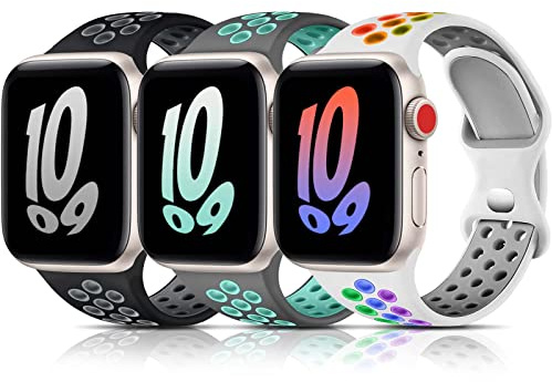 Bandkids 3 Stück Regenbogen-Armbänder kompatibel für Kinder, Apple Watch, Jungen, Mädchen, atmungsaktiv, weiches Silikon-Armband für Apple Watch Serie 8/7/6/5/4/3/2/1/SE, 38 mm, 40 mm, 41 mm, 42 mm, 44 mm, 45 mm