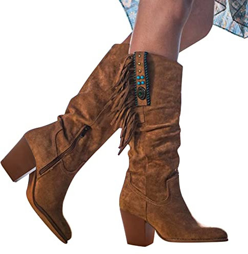 boseucn Stiefeletten Damen, Damen Stiefel mit Absatz Fransenstiefel Kniehohe Stiefeletten Flache Absätze Fransen Warm Cowboy-Stiefel Lange Schuhe Boots Winterschuhe Ankle Boots