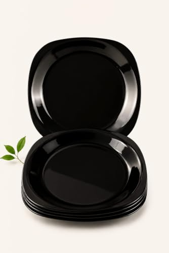 Buzztrove 4 Pcs Flat Unbreakable Plastic Plates | S/M/L for Outdoor Parties, Colorful Picnic | E-Co Friendly Reusable (Medium 23 x 23cm, Black)