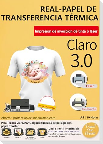 TransOurDream-Papel de Transferencia Para Camiseta Clara,3.0 Ahorro*protección del medio ambiente (A5X10 Hoj.),Papel Transfer Apto Tinta o Láser,vinilo HTV,Perfecto para Fiesta.ES-03-10A5