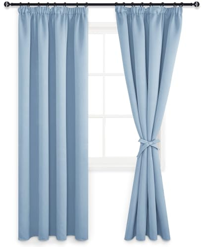 DWCN ogenomskinlig gardin med veckband mörkläggningsgardiner 2 stycken värmeisolerande termogardin för sovrum, vardagsrum, ljusblå, 228x228cm (höjd x bredd)