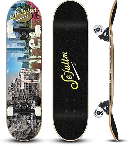 Sefulim 31 x 8 Pollici Skateboard Completo 7 Strati Acero Canadese Double Kick Deck concavo Skateboard per Ragazzi Ragazze Adolescenti Adulti Principianti