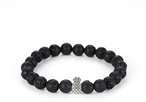 Whoiy Lavastein Armband Herren, Armband Edelstahl Schwarz Naturstein Ananas Geburtstagsgeschenk Perlenarmband für Sie 19cmx8mm
