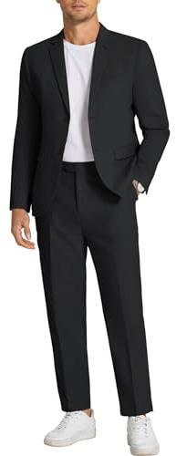 COOFANDY Men's 2 Piece Linen Suits Set Regular Fit Casual Linen Lightweight Suit Summer Beach Wedding,Black,Large