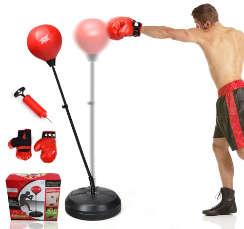 GYMAX Punching Bag for Adults & Teens, Boxing Equipment Set w/Height Adjustable Stand, Gloves & Pump, Free Standing Boxing Bag with Reflex Ball for Agility (Black)