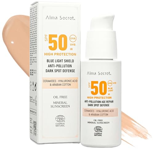 ALMA SECRET | Protector Solar Facial con Color SPF50 - Todo Tipo de Pieles Claras - Crema Hidratante Antiedad, Antimanchas y Oil-Free - Vegano - Ceramidas, Ácido Hialurónico - Sand - 50 ml