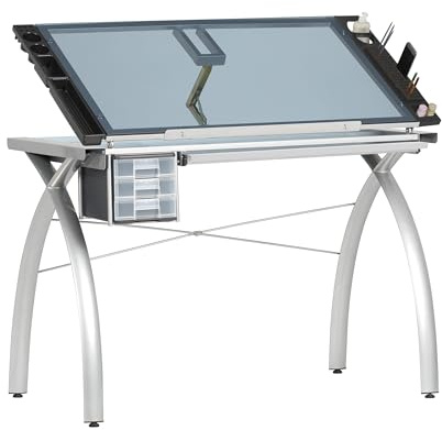SD STUDIO DESIGNS Futura Crafting, tavolo da disegno, piano regolabile, per hobby, scrittura, studio, scrivania con cassetti, 96 cm di larghezza x 61 cm di profondità, vetro temperato, argento/blu