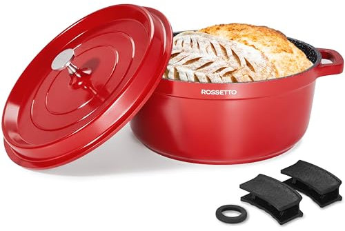 ROSSETTO 4,3L Cocotte ronde en fonte d’aluminium, revêtement antiadhérent en céramique. Couvercle avec picots saveurs. Compatible tous feux dont induction et au four jusqu’à 220° (24cm, Rouge)