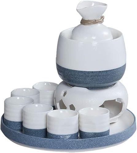 Set per sake e tazze con scaldavivande, kit per bevande calde e vassoio in porcellana tradizionale giapponese in ceramica, 10 pezzi includono 1 fornello, 1 ciotola riscaldante, 1 bottiglia per sake, 6