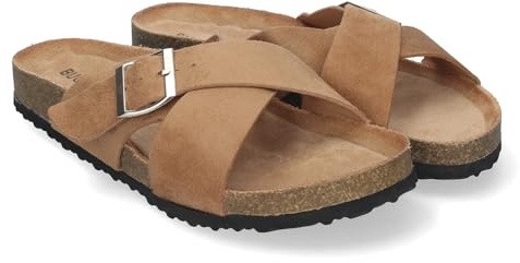 85209 Sandalia Plana de Mujer, Pala entrecruzada, con Planta Anatomica de Bio, y Hebilla, Primavera Verano Camel Talla 39