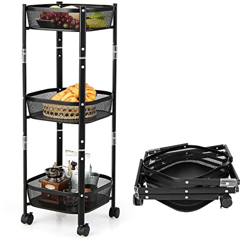 COSTWAY Rollwagen mit 3 Etagen klappbar, Küchenwagen auf Rollen, Metall Servierwagen mit Meshkorbe, Allzweckwagen Aufbewahrungswagen, für Küche, Bad, Wohnzimmer, Büro, 38x38x87 cm, Schwarz