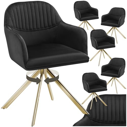 tectake® 6 x Esszimmerstuhl drehbar, Armlehnstuhl drehbar, ergonomischer Stuhl Samt, Stühle für Esszimmer, Möbel für Wohnzimmer, Arbeitszimmer, Esstisch, Schminktisch - 6er Set - schwarz/Gold