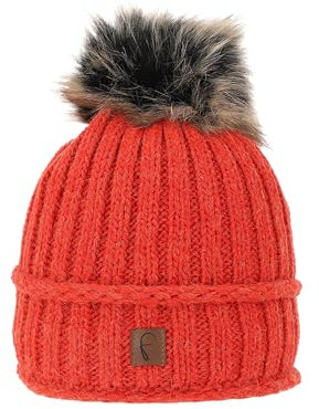 Faera Damen Bommelmütze mit Kunstfell und Fleece Innenfutter Beanie, Farben:Rot, Größe:One Size
