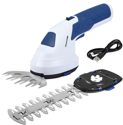 Akku Gras- und Strauchschere, 2-in-1 Gartenschere 7.4V, 2000mAh Akkus, Messerlänge: 17,5 cm (Strauch) / 10,5 cm (Gras), Kabelloser Elektrischer Heckenschere für Garten und Rasen