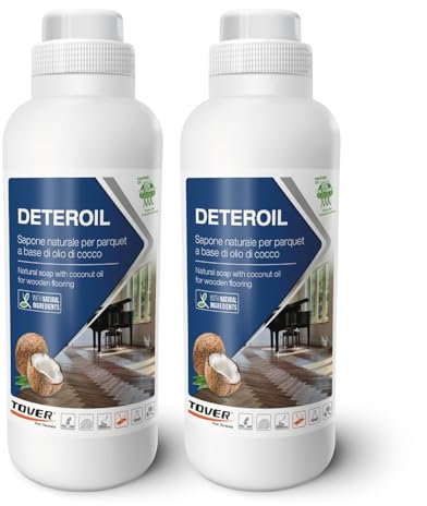 TOVER, Deteroil kit 2 pezzi, Detersivo parquet, Lava parquet verniciati e oliati, Elevato potere sgrassante, A base di olio di cocco, 2 unità (2 bottiglie da 1L)