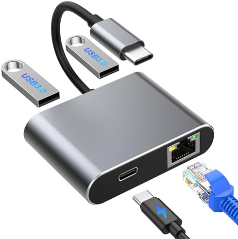 USB-C Hub 4-in-1 mit 1000Mbps Gigabit LAN, 100W PD Charging, 2×USB 3.0 Ports Ultra-Schnelle Datenübertragung | USB-C auf RJ45 Ethernet Netzwerkadapter für Laptop, MacBook, iPad Pro, iPhone 16/15