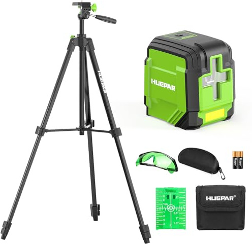 Huepar GK011DG Nivel Láser Autonivelante Verde con Trípode 1,52m, Línea Cruzada Horizontal/Vertical 110°, Alcance 30 m, con Bolsa, Gafas, Placa objetivo y 2 Pilas AA para Bricolaje, Casa, Carpintería