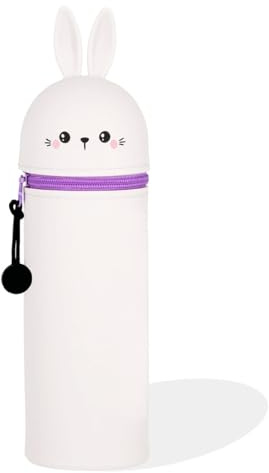 DGTSYAL 2 in 1 Weiche Federmäppchen - Kawaii Tischstifthalter, Reißverschluss, Silikon, Stiftetasche Buntstifte Marker, Büro, Uni, niedlicher Schulbedarf, Tier-Stifthalter (Kaninchen)